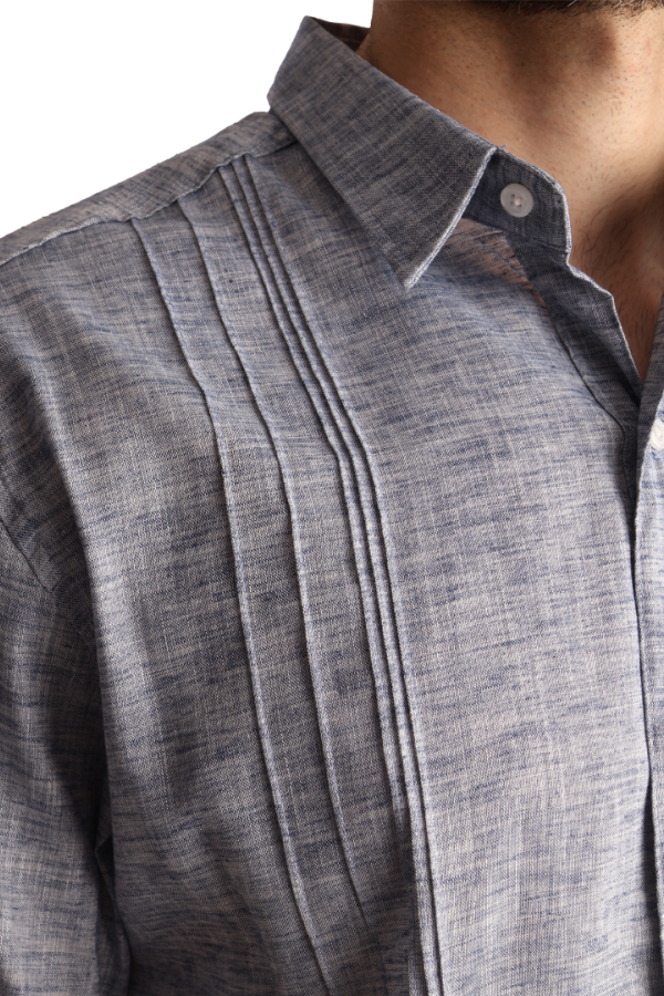 Camisa Tipo Guayabera Azul Marino Manga Corta Look Lino Para Caballero